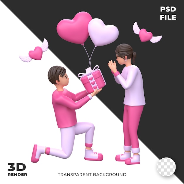 PSD niño dando un regalo a la novia pareja de san valentín personaje 3d