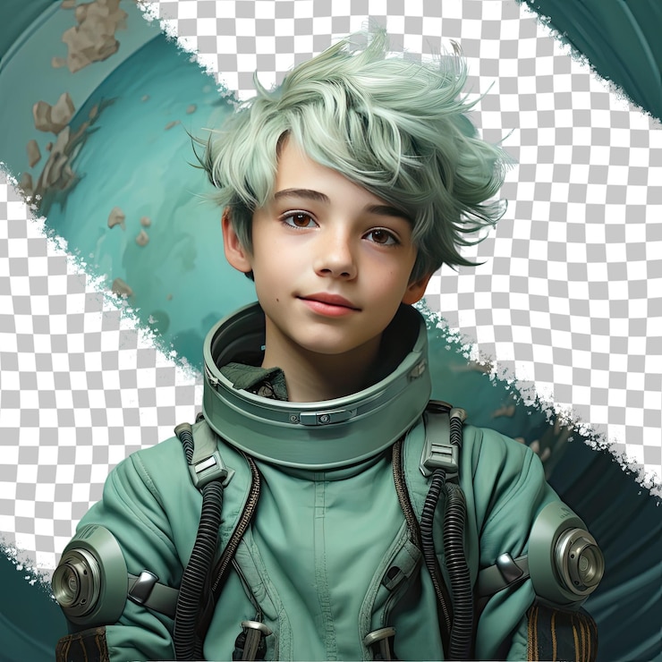 PSD un niño deprimido con cabello corto de la etnia nórdica vestido con trajes de astrónomo posa con la cabeza inclinada con un estilo de sonrisa contra un fondo de azul azul pastel