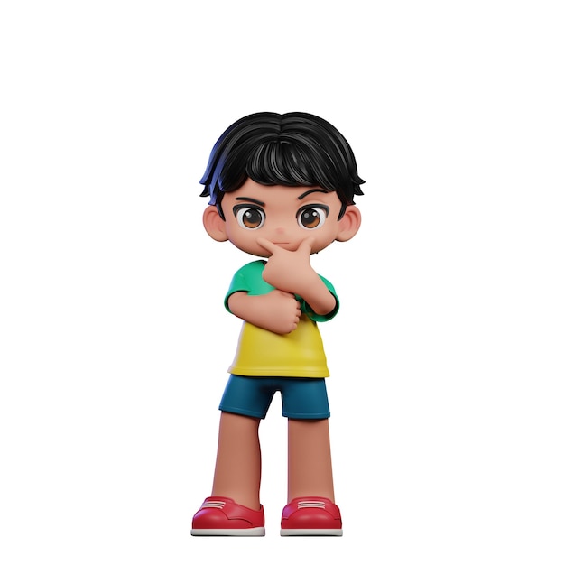 Niño de dibujos animados en 3D con cabello negro y camisa verde haciendo una postura curiosa