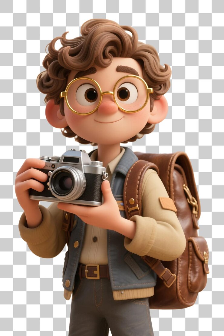 PSD niño de dibujos animados con gafas tomando una foto