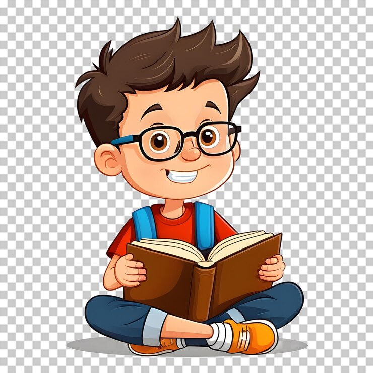 PSD niño de dibujos animados leyendo un libro ideal para recursos educativos