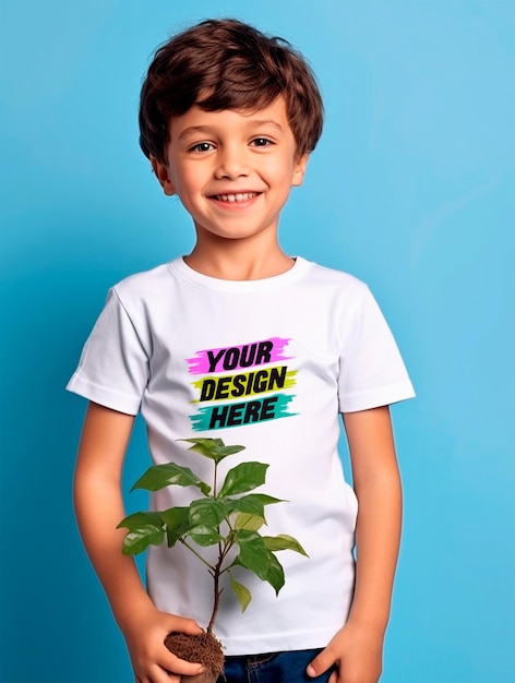 PSD niño con diseño de maqueta de camiseta blanca psd