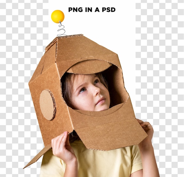 Niño con disfraz de casco de cohete de cartón aislado sobre un fondo transparente