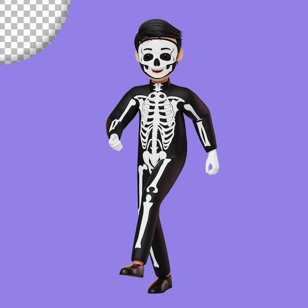 Niño disfrazado de esqueleto preparándose para la fiesta de Halloween caminando pose ilustración de renderizado 3D