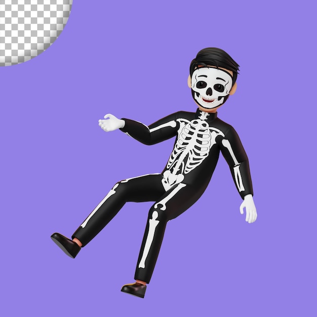 PSD niño disfrazado de esqueleto preparándose para la ilustración de renderizado 3d de la fiesta de halloween