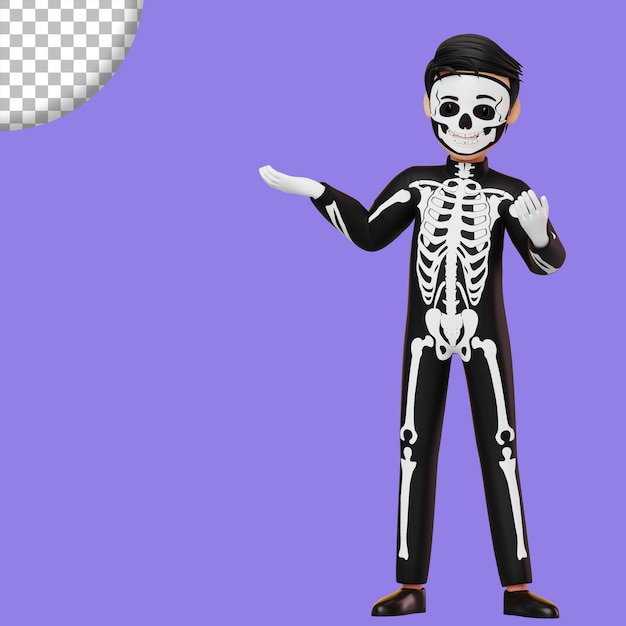 PSD niño disfrazado de esqueleto preparándose para la ilustración de renderizado 3d de la fiesta de halloween