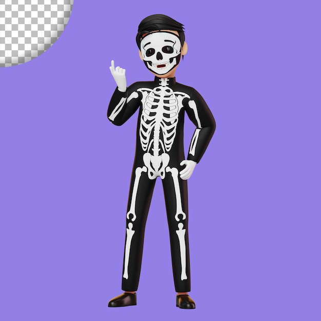 Niño disfrazado de esqueleto preparándose para la ilustración de renderizado 3D de la fiesta de Halloween