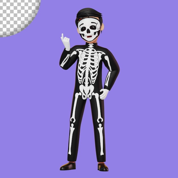 PSD niño disfrazado de esqueleto preparándose para la ilustración de renderizado 3d de la fiesta de halloween