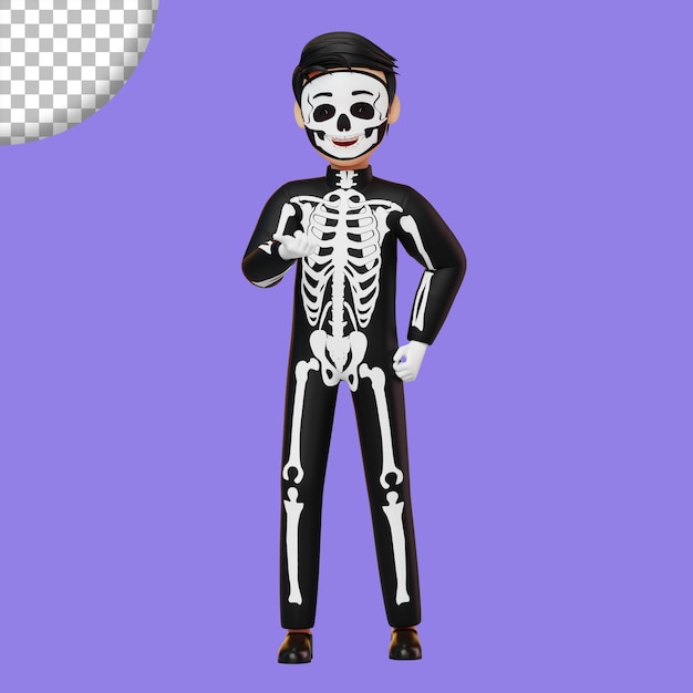 PSD niño disfrazado de esqueleto preparándose para la ilustración de renderizado 3d de la fiesta de halloween