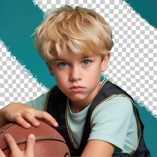 Un niño disgustado con cabello rubio de la etnia de oriente medio vestido con ropa de baloncesto posa en un estilo sideways glance contra un fondo pastel teal