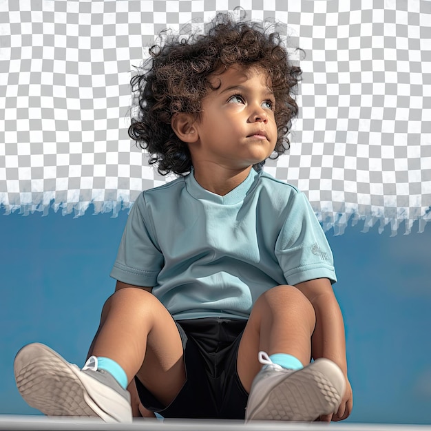 Un niño en edad preescolar ansioso con pelo rizado de la etnia del sur de Asia vestido con atuendos de maratones de carrera posa en una pose sentada con piernas cruzadas contra un fondo azul cielo pastel