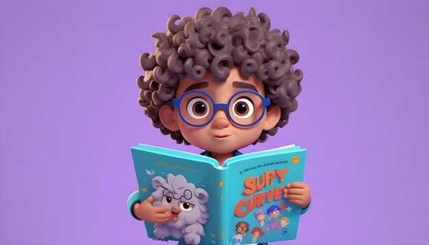 PSD niño en edad preescolar cabello rizado etnia nórdica vestido atuendo de actor posa mirada gafas estilo dibujos animados 3d