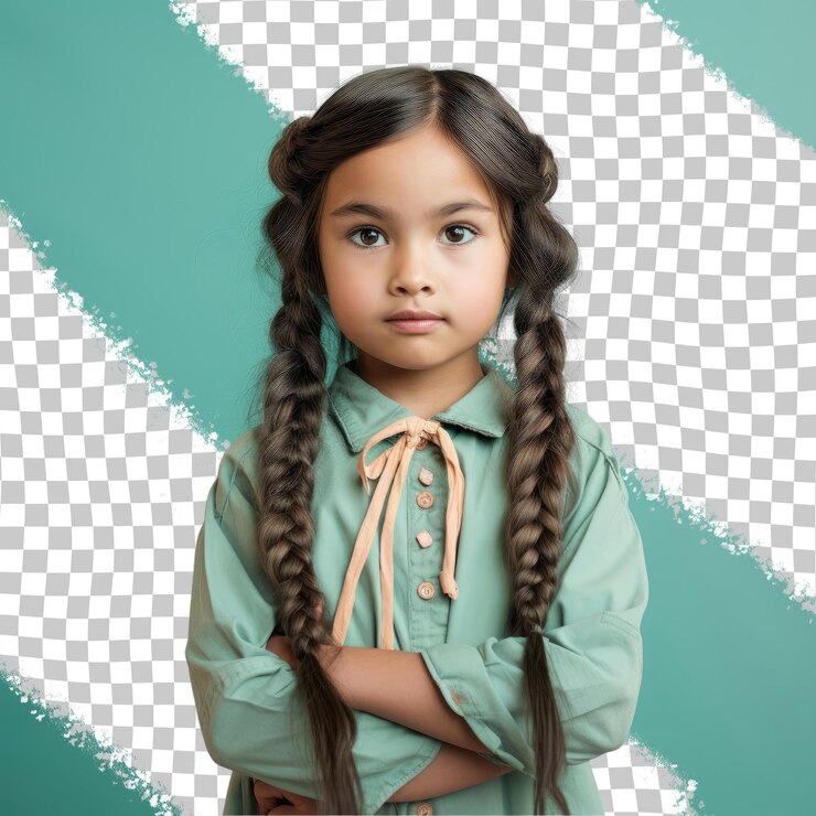 PSD un niño en edad preescolar de las islas del pacífico temeroso, vestido de campamento, posa sobre un fondo de menta con un tirón de cabello casual.