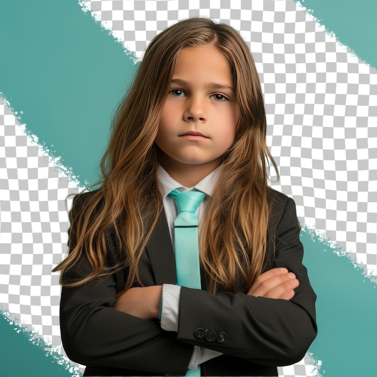 PSD un niño empático con cabello largo de la etnia nórdica vestido con trajes de especialista en recursos humanos posa en un estilo de barbilla en la mano contra un fondo de azul azul pastel