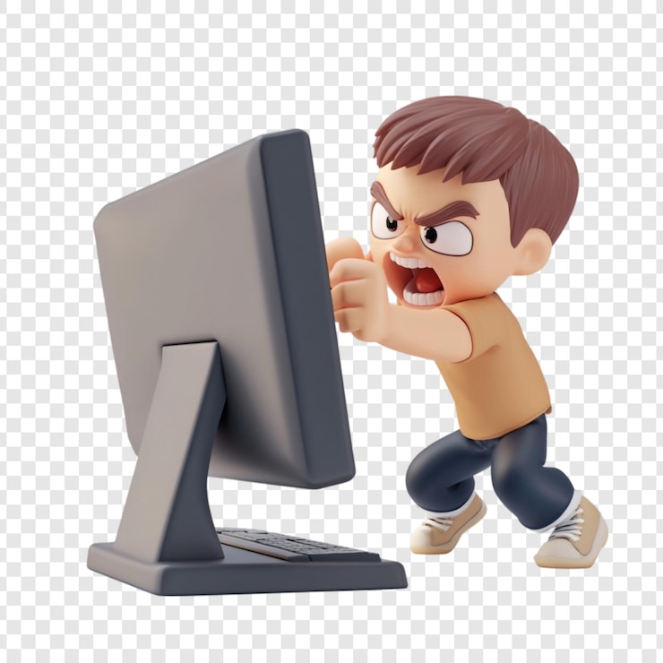 PSD niño enojado golpeando frustradamente la pantalla de la computadora tecnología arrebato de rabia