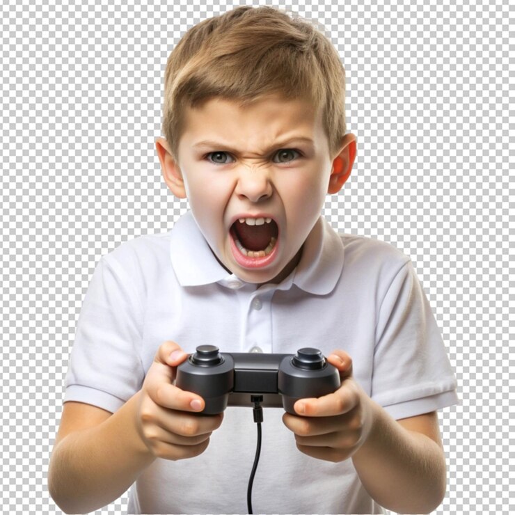 PSD un niño enojado sosteniendo un controlador de consola de juegos aislado en un fondo transparente