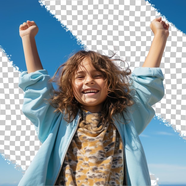 Un niño esperanzado con cabello largo de la etnia de los isleños del pacífico vestido con ropa de redactor posa en un estilo de pie con los brazos levantados contra un fondo azul cielo pastel