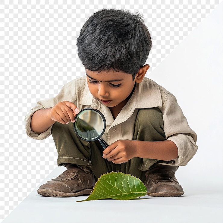 PSD un niño está mirando a través de una lupa