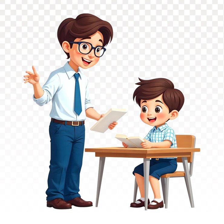PSD un niño estudiante con el maestro en el fondo blanco
