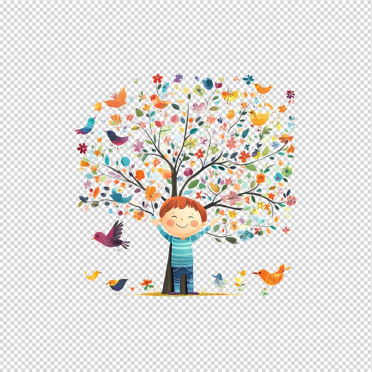 PSD niño feliz abrazando la naturaleza colorida