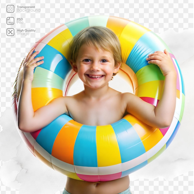 PSD niño feliz con un anillo inflable colorido en un fondo transparente
