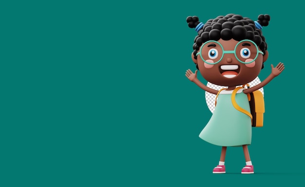 Niño feliz con bolsa linda chica personaje de dibujos animados representación 3d