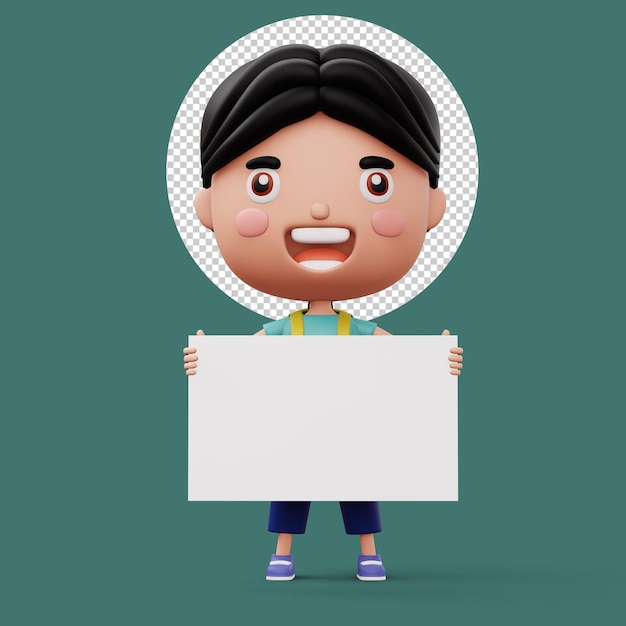 Niño feliz con bolsa sosteniendo tablero blanco personaje de dibujos animados de niño lindo renderización 3D