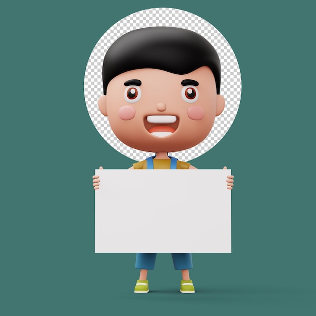 Niño feliz con bolsa sosteniendo tablero blanco personaje de dibujos animados de niño lindo renderización 3D