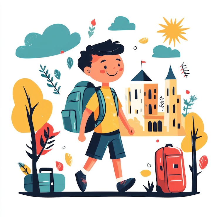 PSD niño feliz caminando a la escuela con mochila y equipaje