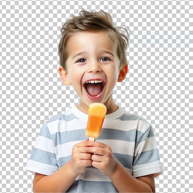 Niño feliz comiendo helado aislado en un fondo transparente