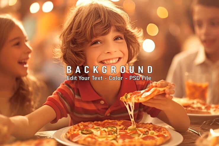 PSD un niño feliz comiendo pizza con amigos en un restaurante