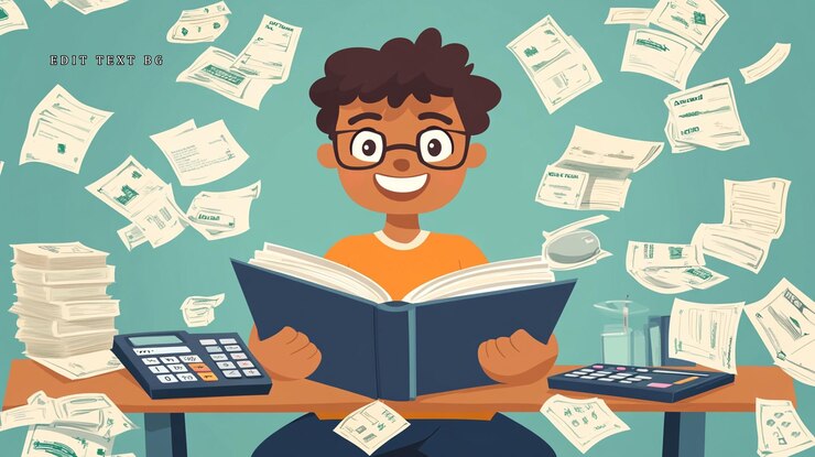 PSD un niño feliz estudiando finanzas rodeado de documentos y calculadoras.