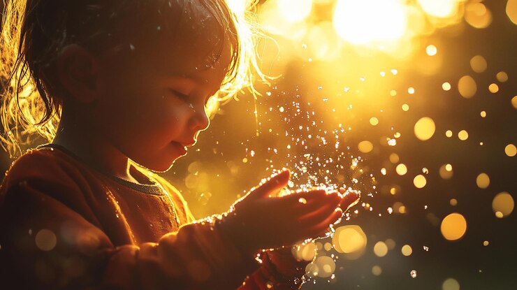 PSD niño feliz jugando con agua iluminado por el efecto bokeh de la luz solar dorada