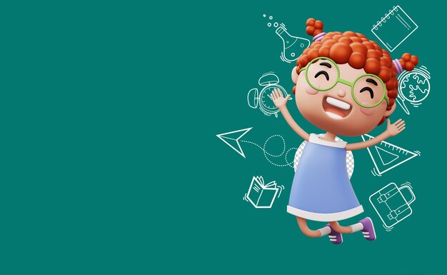 PSD niño feliz linda chica personaje de dibujos animados representación 3d