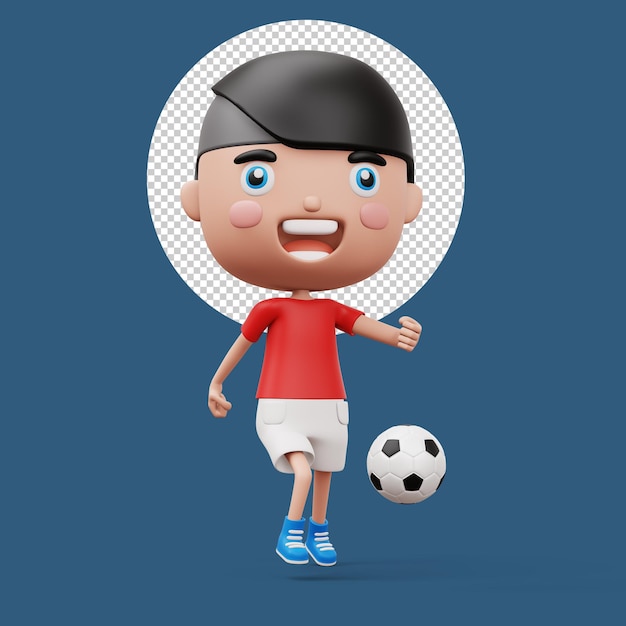 Niño feliz con pelota de fútbol niño lindo personaje de dibujos animados renderización 3D
