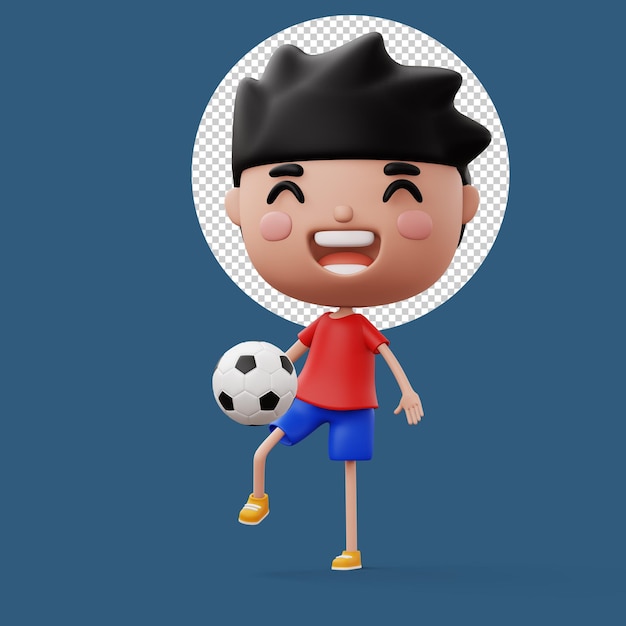 Niño feliz con pelota de fútbol niño lindo personaje de dibujos animados renderización 3d