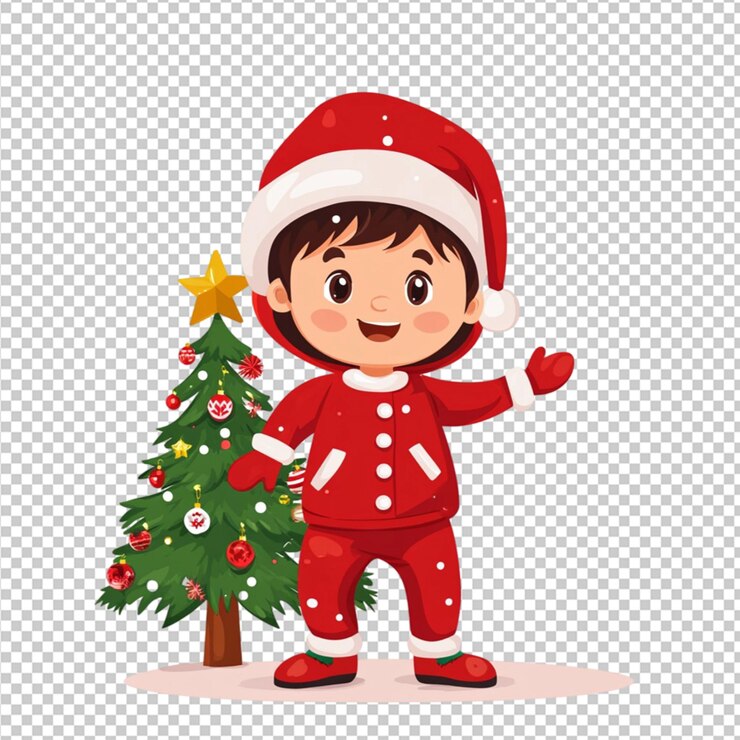 PSD un niño feliz de pie cerca del árbol de navidad