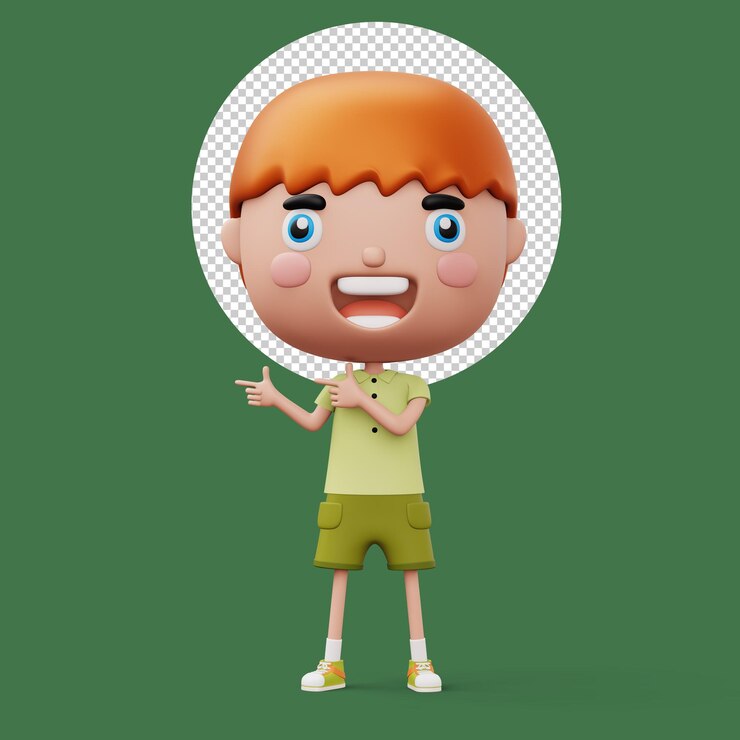 PSD niño feliz señalando con el dedo personaje de dibujos animados de niño lindo representación 3d