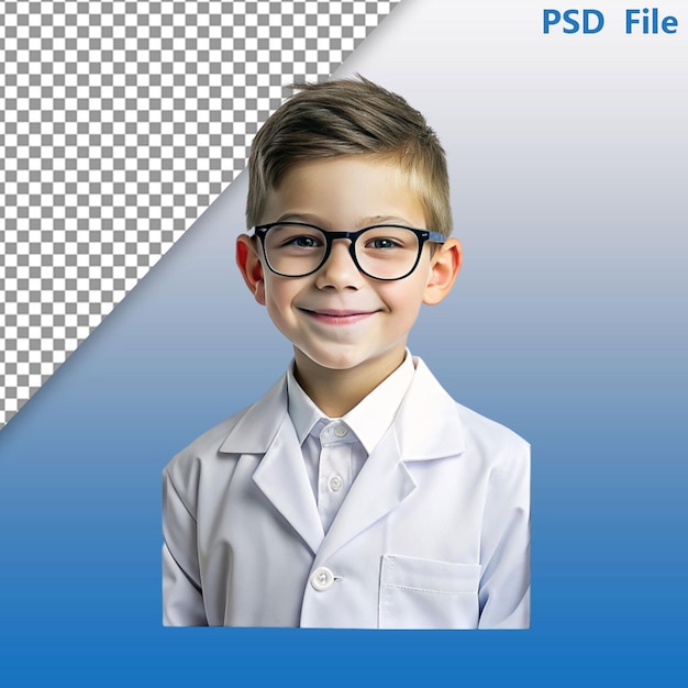 PSD un niño con gafas y una bata blanca de laboratorio