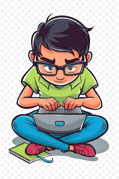 un niño con gafas está sentado en el suelo y usando una computadora portátil