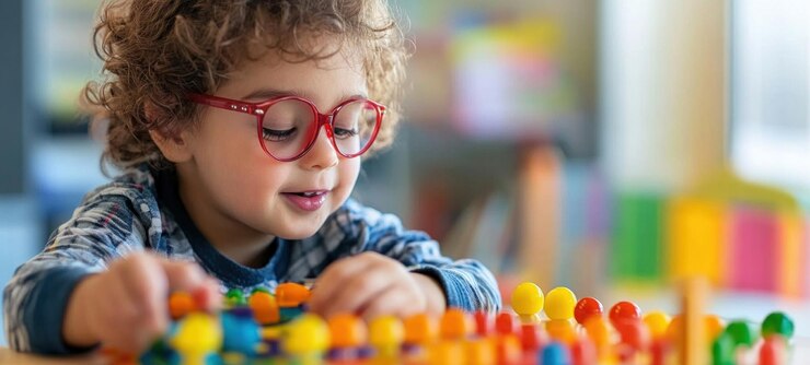 PSD niño con gafas jugando con juguetes de colores
