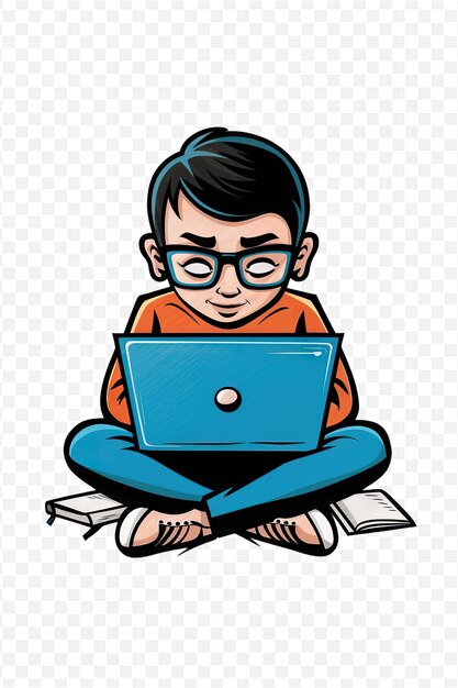 un niño con gafas se sienta en un libro y mira una computadora portátil