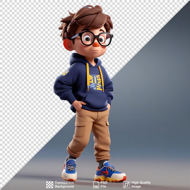 Niño con grandes gafas pantalones y zapatos con un sentido de asombro