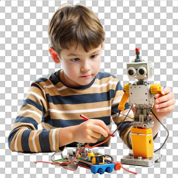 PSD niño haciendo robot aislado sobre un fondo transparente