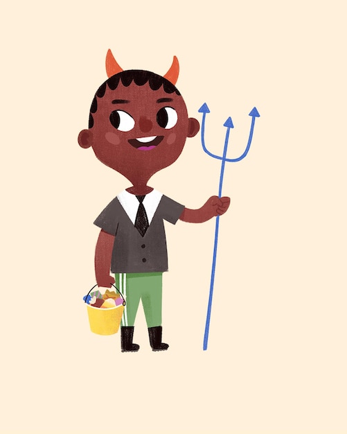 Niño de Halloween disfrazado Truco o trato Dulces y caramelos en un cubo Lindo personaje de diablo satanás