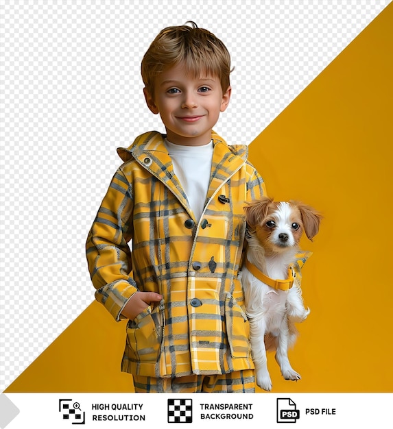 PSD niño increíble con un perro pequeño en una chaqueta y vaqueros png psd