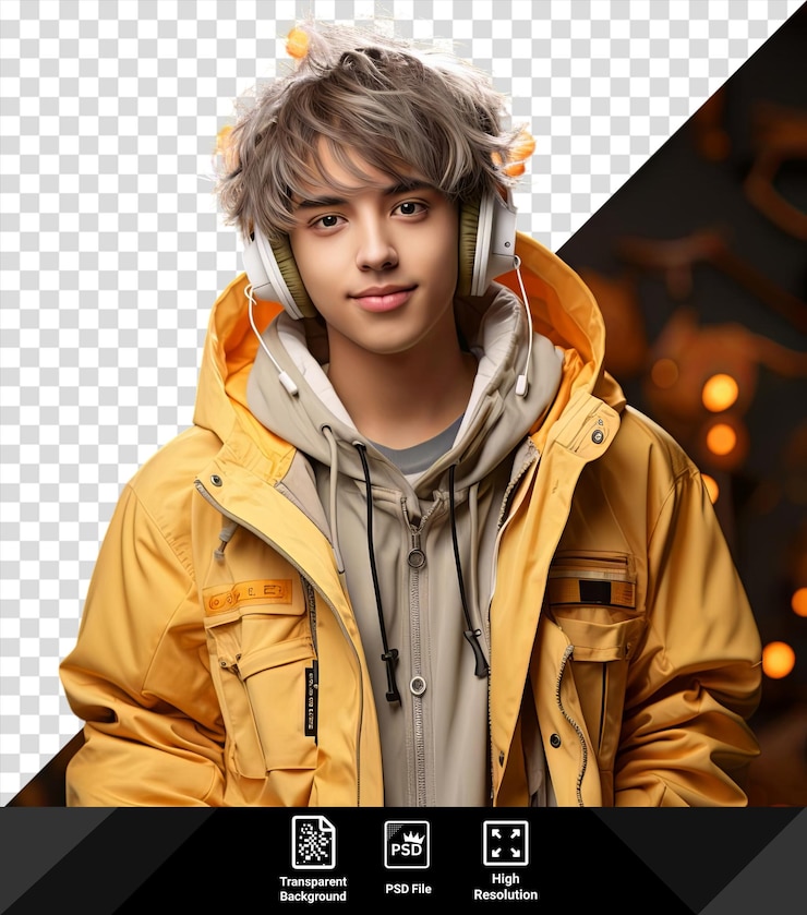 PSD un niño joven con cabello rubio y gris con una chaqueta amarilla y auriculares de plata se encuentra frente a una pared con un botón de plata visible en su chaqueta