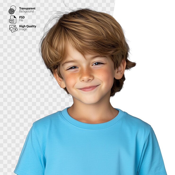 PSD niño joven con cabello rubio ondulado en camisa azul sonriendo sobre un fondo transparente