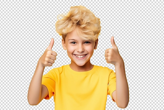 PSD un niño joven feliz haciendo pulgares hacia arriba aislado en un fondo transparente