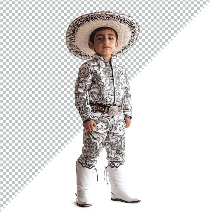 PSD un niño joven lleva con orgullo un traje tradicional charro y botas png durante una celebración festiva en méxico un niño mexicano lleva un traje charro con una bota png aislada sobre un fondo transparente